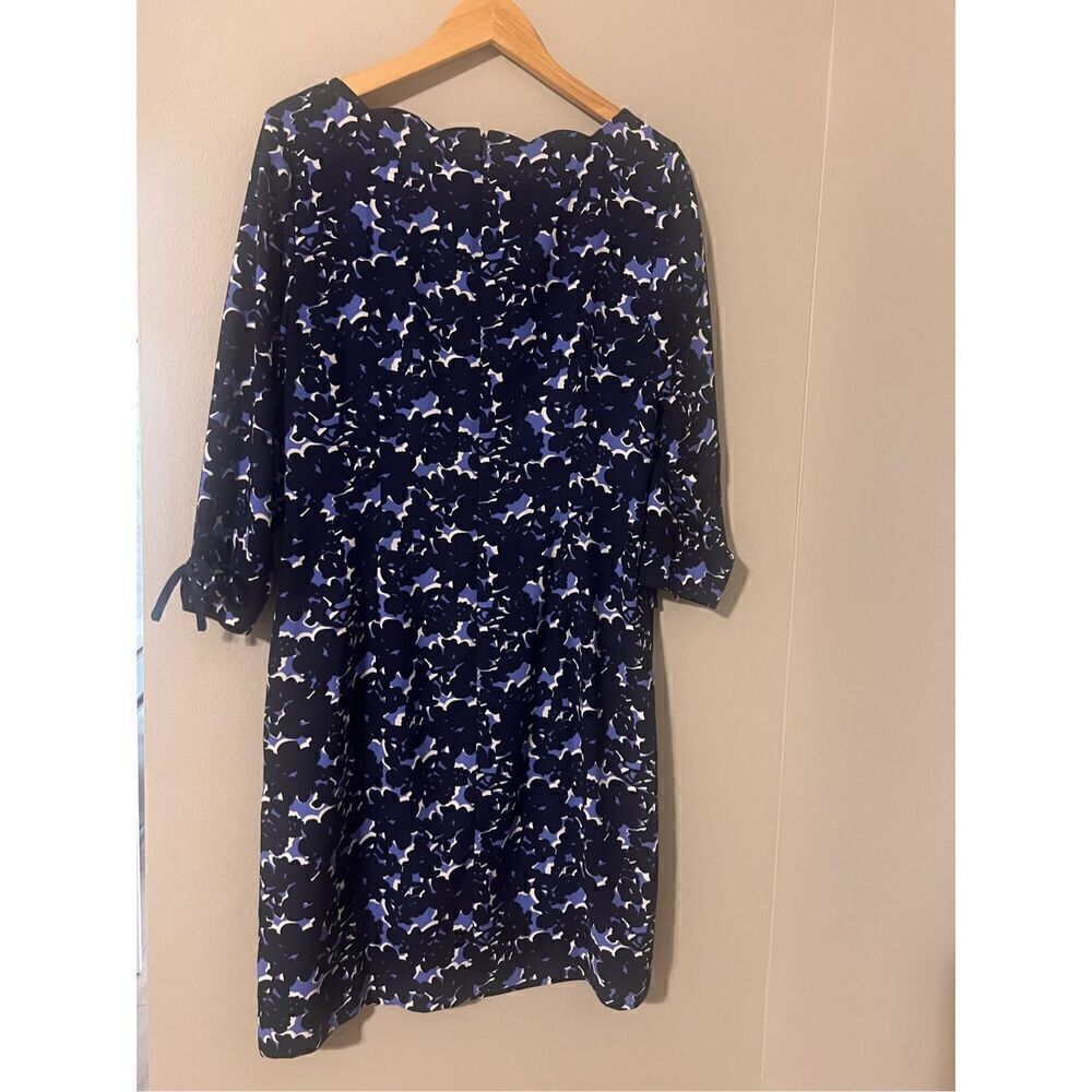 Talbots Women's 10 Scalloped Neck Shift Dress Blue Black Floral 3/4 Bow Sleeves - Picture 9 of 11